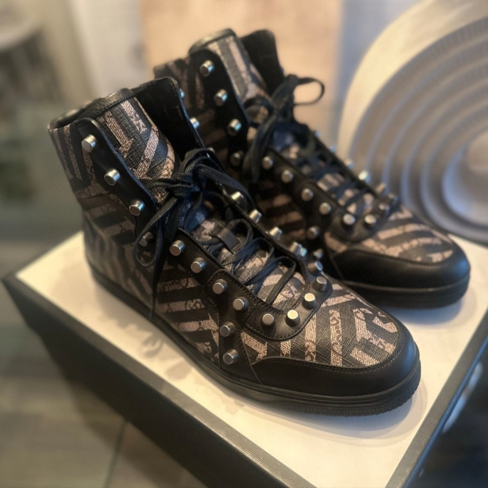 Gucci Black/Beige Geometric Print GG Supreme Canvas/Leather HighTop Sneaker 10